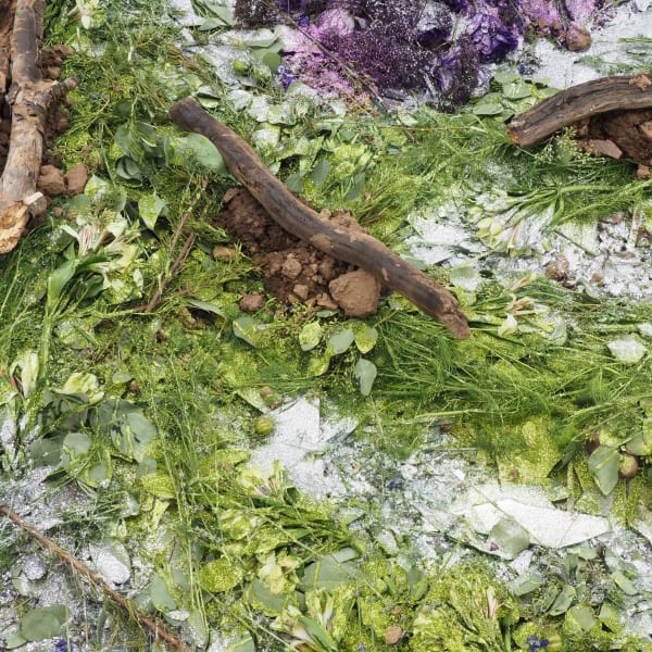 Jared Madere To be titled (Matter Harmonic Topiary) (detail), 2016/2017 Glyph: nail polish, glitter, ink, burns on paper Sculpture: sand, flowers, water, broken glass, urethane pigment, glitter, wood, and dirt Glyph: 13 x 9 in 33 x 22.9 cm Sculpture: 120 x 120 x 12 in 304.8 x 304.8 x 30.5 cm (dimensions variable with each manifestation)