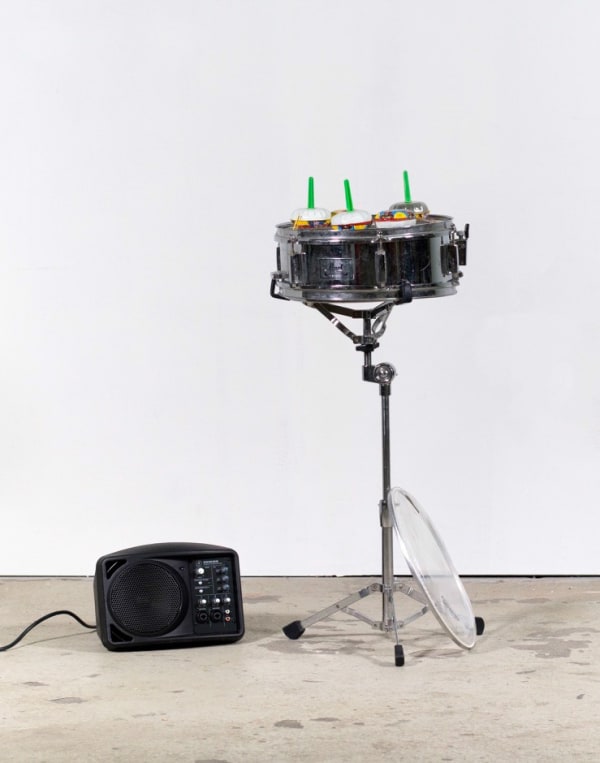 Dawn Kasper UH yes, UH no, 2014/2017 Mackie active speaker, ipod shuffle, snare drum, stand, bells, incense 36 x 16 x 16 in 91.4 x 40.6 x 40.6 cm