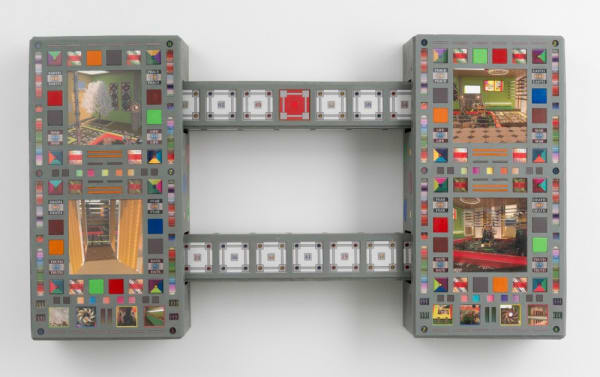 Alex Mackin Dolan Korut Courtyard Cabinet (Bad R.N.G. TWIN Version), 2017 Wood, synthetic polymer paint, plexiglass, archival inkjet prints 54 x 30 3/4 x 9 1/8 in 137.2 x 78.1 x 22.9 cm