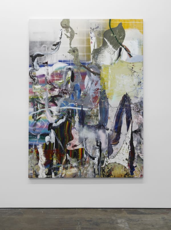 Liam Everett Untitled (On the corner), 2017 Oil, acrylic, ink, alcohol, salt on linen 78 x 56 in 198.1 x 142.2 cm