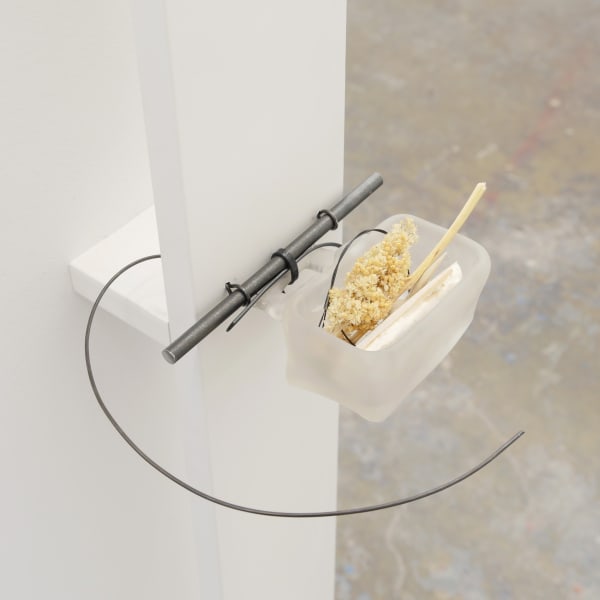 K.R.M. Mooney Carrier I (detail), 2016 Steel binding wire, glass, spray millet, cuttlebone, fluorocarbon leader, nylon, bronze, silver-plated cast Piece: 3 x 8 3/4 x 5 1/2 in 7.6 x 22.2 x 14 cm Wood Structure: 84 x 3 1/2 x 2 3/4 in 213.4 x 8.9 x 7 cm