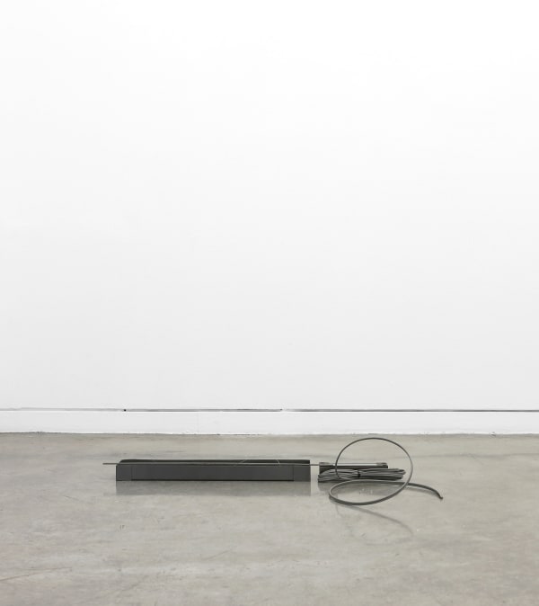 K.R.M. Mooney Circadian Interface II, 2015 Steel tray, inset glass, silicon, water, electromagnetic lock, grounding wire, steel bar, silver wire, cast lavender 35 x 24 x 8 in 88.9 x 61 x 20.3 cm