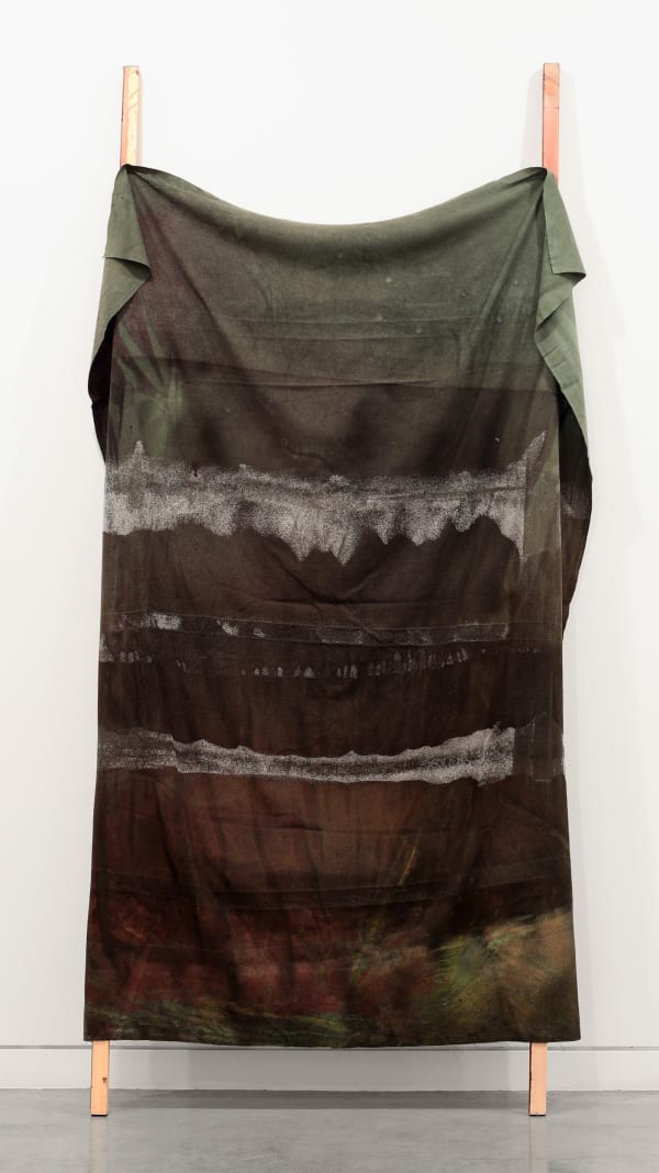 Liam Everett To the Lower Place, to see if they are really there, and if they're all they're supposed to be, 2012 Ink, acrylic, alcohol, sea salt on wool with wooden beams 96 x 38 in 243.84 x 96.52 cm