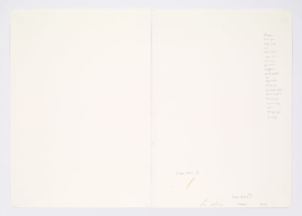 Jessica Dickinson flame: (notebook drawing for From-Here #1) (verso), 2020 Colored pencil on paper with linen tape 11 3/4 x 16 in 29.8 x 40.6 cm flame- / can go / one way / or another- / ignite- / warm- / power- / inspire- / motivate- / or explode / destroy / irradiate / burn out- / flame: / working on / keeping- / going-