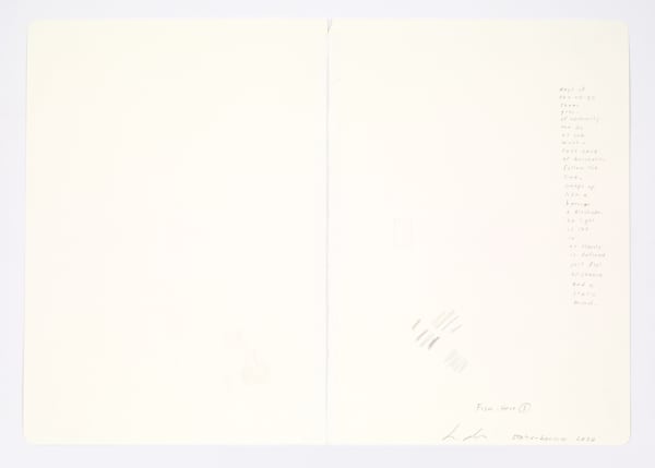 Jessica Dickinson static-barrier (notebook drawing for From-Here #3) (verso), 2020 Colored pencil on paper with linen tape 11 3/4 x 16 in 29.8 x 40.6 cm days of / the no-go / sheer grey- / of neutrality / the do / as you / must- / take care / of business- / follow / the line. / creeps up / like a barrier - / a blockade- / no light / is let in- / no clarity / is defined / just flat existence / and a / static mind.