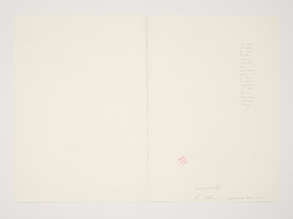 Jessica Dickinson expansion-here (notebook drawing for From-Here #8) (verso), 2021 Colored pencil on paper with linen tape 11 3/4 x 16 in 29.8 x 40.6 cm a new / range- / a new / field- / where can / this go- / now that / there / is less / weight- / expansion / of the force / that was / already / there-