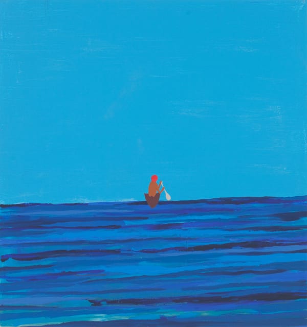 Chris Johanson Untitled Painting of a Man Leaving in Boat, 2010 Acrylic on wood 40 1/2 x 37 1/2 in 102.87 x 95.25 cm