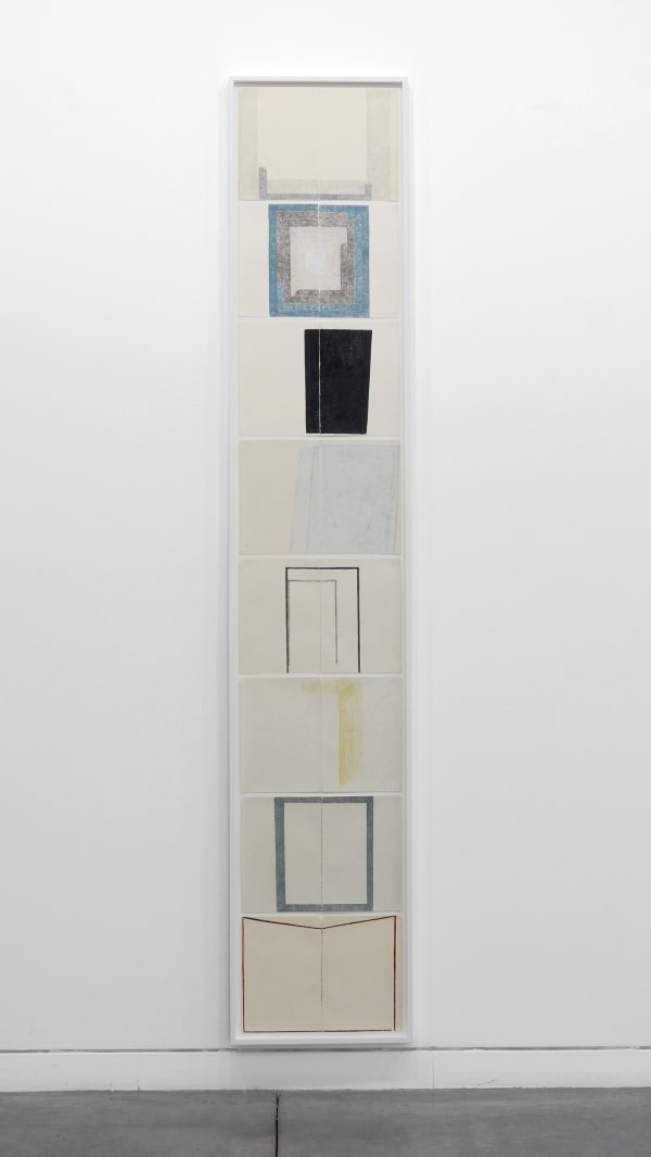 Jessica Dickinson holds: in - this: now - this/and/not/this - :next - this. - before:stop - in: - holds:this (notebook drawings for Are: This), 2015-2016 (Notebook drawings for Are: Here), 2015-2016 Group of 8 drawings, colored pencil on paper with linen tape 94 x 16 in 238.8 x 40.6 cm (overall) 11.75 x 16 in 30 x 40.5 cm (each)