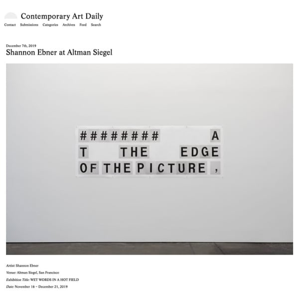 Shannon Ebner: WET HOT WORDS IN A HOT FIELD on the Contemporary Art Daily, 2019