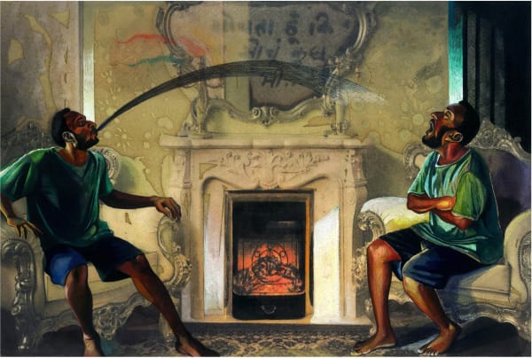 A self portrait of an artist spitting into the mouth of his identical image painted in mixed media 