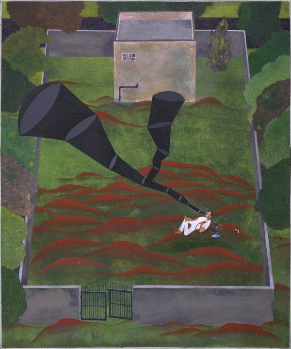 A man lying on the grass smoking a hookah in the lawn of his house. Against a miniature painting like landscape we see the smoke from the hookah solidifying into a dark pipe like form.