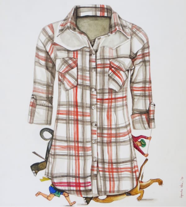  The artist juxtaposes modern day clothing, mostly western casual, with popular characters and scenes from Indian miniature painting