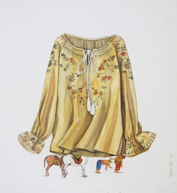 The artist juxtaposes modern day clothing, mostly western casual, with popular characters and scenes from Indian miniature painting