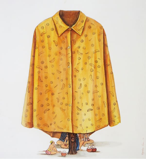 The artist juxtaposes modern day clothing, mostly western casual, with popular characters and scenes from Indian miniature painting