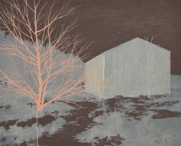 Barn, Pink Tree, oil on card, 26 x 32 cm
