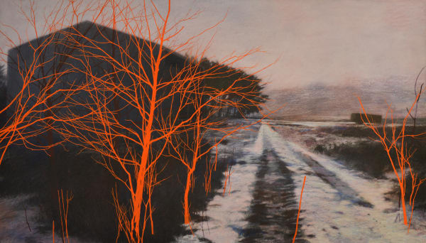 Barn Drawing, Orange, charcoal, soft pastel and gouache on paper, 80 x 140 cm