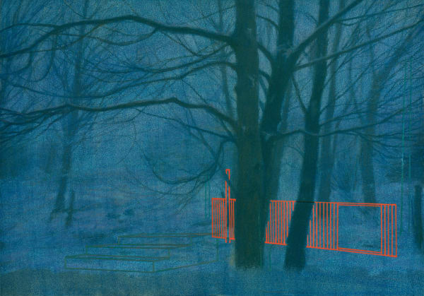 Fence and Steps, charcoal, soft pastel and Gouache on paper, 28.5 x 41 cm