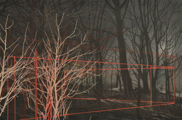 Moonlit Woodland 2, charcoal, soft pastel and gouache on paper, 36.5 x 55 cm