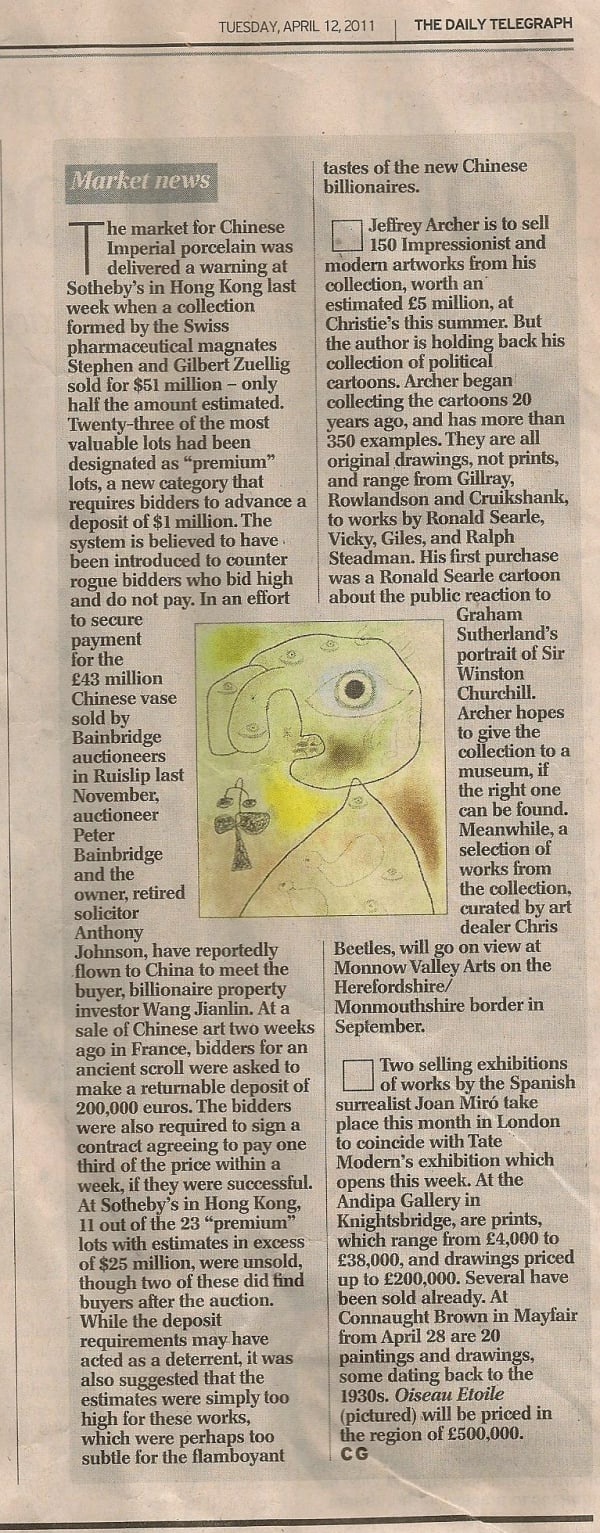 Joan Miro works on paper exhibition at Andipa gallery newspaper clipping