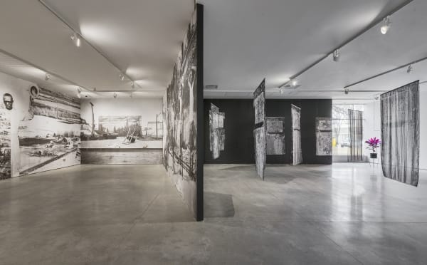Santiago Mostyn Grass Widows Ink prints on chiffon, wheatpasted poster prints, clay, mirror, video monitor, wooden objects, archival inkjet prints in shadow frames, Cordyline fruticosa plant, LED daylight lamp. 2020