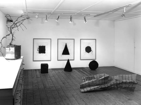 Installation shot of an exhibition by David Nash, entitled Mosiac Egg. Annely Juda Fine Art, 2nd floor gallery, Tottenham Mews, London