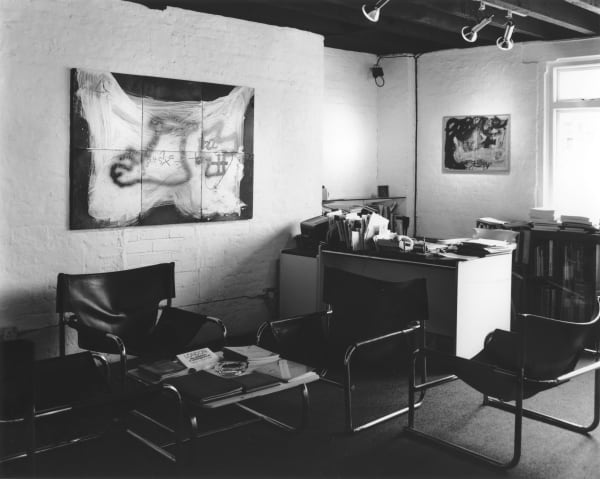 installation shot of an exhibition, in the ground floor gallery of Annely Juda Fine Art, of paintings, sculptures, drawings and prints by the Spanish artist Antoni Tapies.