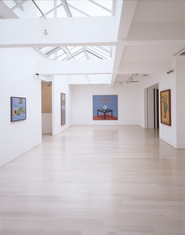 installation shot of David Hockney's exhibition Flowers, Faces & Spaces at Annely Juda Fine Art, London, 1997