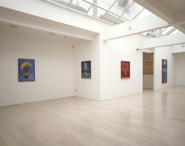 installation shot of David Hockney's exhibition Flowers, Faces & Spaces at Annely Juda Fine Art, London, 1997