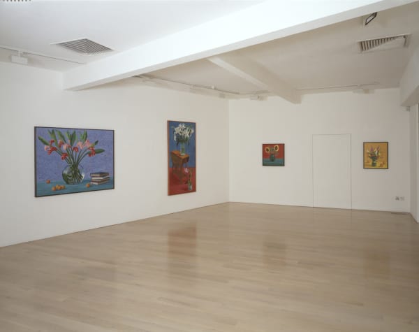 installation shot of David Hockney's exhibition Flowers, Faces & Spaces at Annely Juda Fine Art, London, 1997