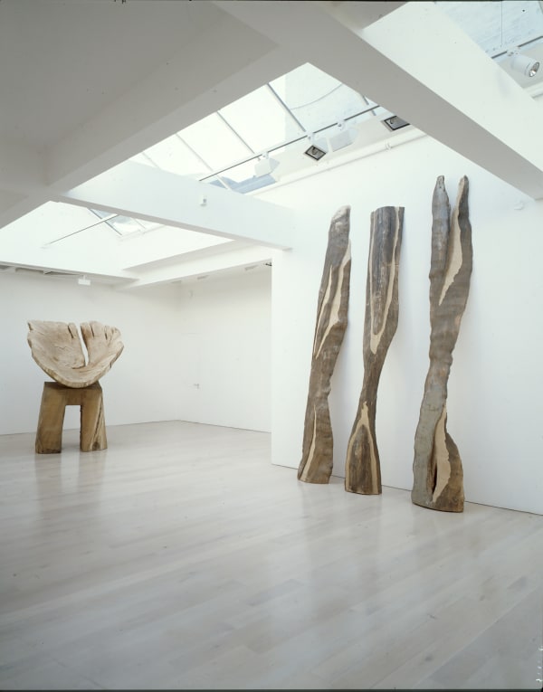 David Nash, recent Sculpture, Annely Juda Fine Art, London, 1996. description; an installation shot of a white gallery space with large carved wooden sculptures
