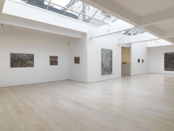 installation shot of the exhibition Leon Kossoff: A Life in Painting at Annely Juda Fine Art 2021