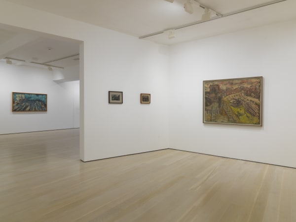 installation shot of the exhibition Leon Kossoff: A Life in Painting at Annely Juda Fine Art 2021
