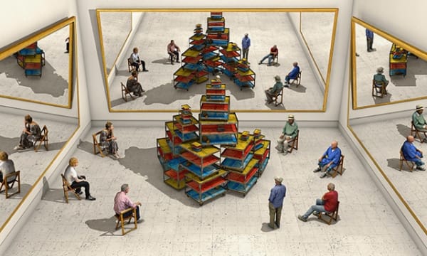 David Hockney, Viewers Looking at a Ready-made with Skull and Mirrors, 2018, photographic drawing printed on 4 sheets of paper, mounted on 4 sheets of Dibond, 222 x 371cm