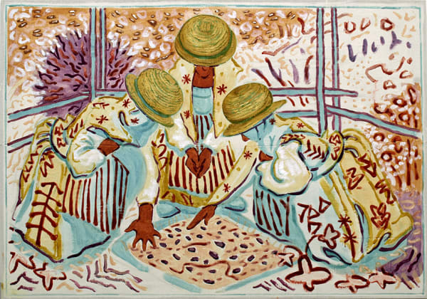 Three peasants examining seeds, Sigrid Holmwood