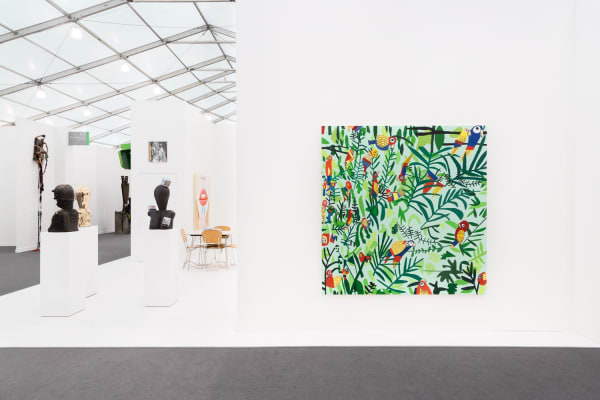 Group booth installation with gallery artists, including Anne Collier photography and Lara Schnitger's sculpture.