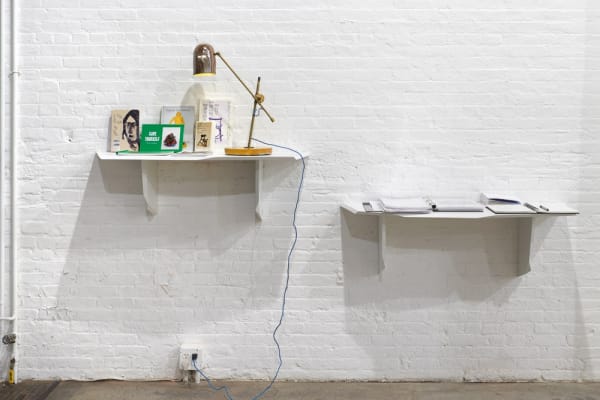 Installation view of Francis Upritchard and Martino Gamper's collaborative show. Floating shelves with gallery materials and an Upritchard lamp.