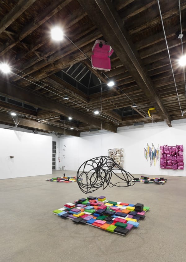 Installation view of Jim Lambie's solo exhibition. Multiple works shown.