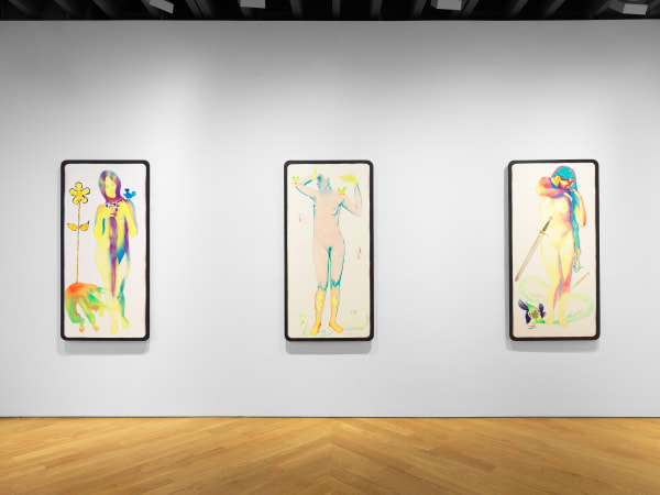 Installation view of Alessandro Pessoli's exhibition on the third floor of the gallery featuring paintings. Three tarot paintings.