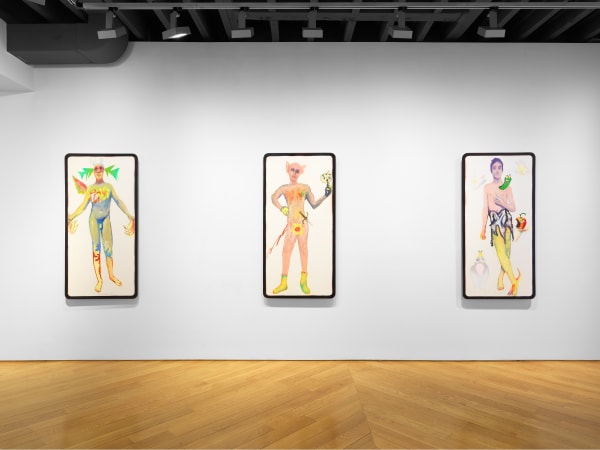 Installation view of Alessandro Pessoli's exhibition on the third floor of the gallery featuring paintings. Three additional tarot paintings.