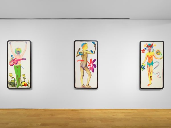 Installation view of Alessandro Pessoli's exhibition on the third floor of the gallery featuring paintings. Additional tarot paintings.