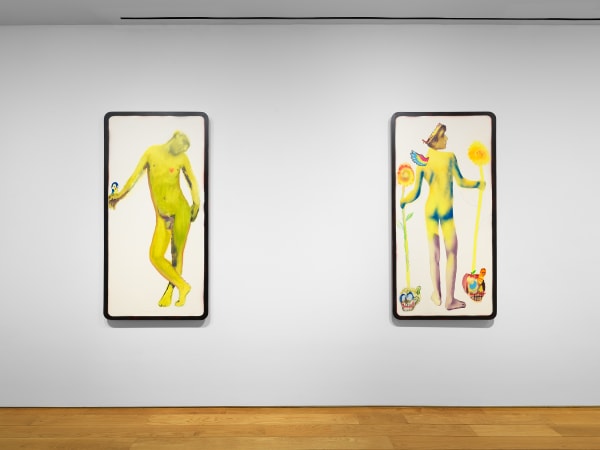 Installation view of Alessandro Pessoli's exhibition on the third floor of the gallery featuring paintings. Remaining tarot paintings.