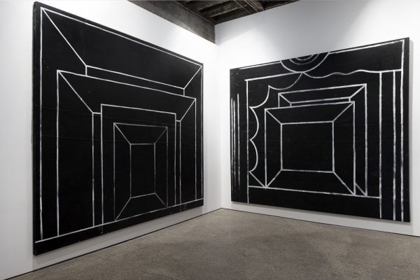 Installation view of Chris Martin's solo show in the back gallery. Two paintings featured.