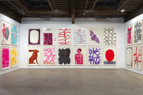 Installation view of David Shrigley's sixth solo show at Anton Kern Gallery, featuring 78 new drawings, two sculptures, an animation, and some humor. Many works featured.