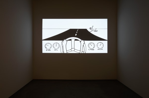 Installation view of David Shrigley's sixth solo show at Anton Kern Gallery, featuring 78 new drawings, two sculptures, an animation, and some humor. David's animation in the back gallery.