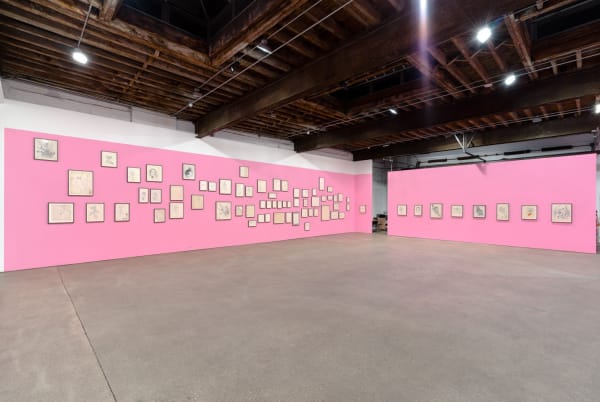 Installation view of Andy Warhol's solo show, featuring 170 of the artist's drawings. A long wall of drawings by the seminal artist.