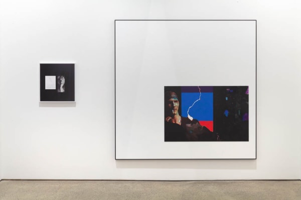 Installation view of Lothar Hempel's show at Anton Kern Gallery, featuring eight mixed media works along with a film screening at the Kitchen. Two works shown, the larger one titled Weisser Rauch.