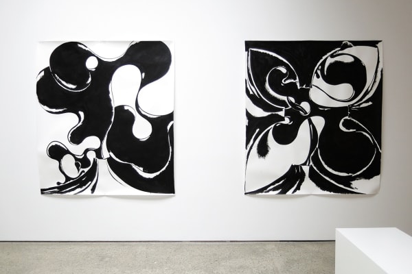 Installation view of Wilhelm Sasnal's solo show titled Lava. Two large works featured.