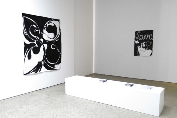 Installation view of Wilhelm Sasnal's solo show titled Lava. Two works and publications displayed.