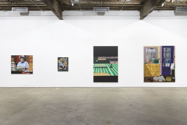 Installation view of Jonas Wood's fourth solo show at Anton Kern Gallery, featuring a collection of paintings. Multiple paintings featured.