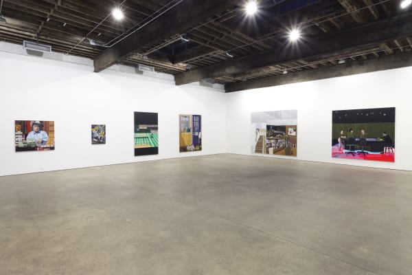Installation view of Jonas Wood's fourth solo show at Anton Kern Gallery, featuring a collection of paintings. Some works featured.